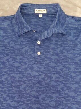 Peter Millar Summer Comfort Polo Camo Fish Pattern Blue Men’s Large Golf Shirt